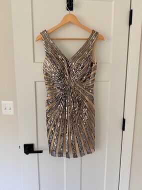 Sleeveless Nude Sequin Sheath Dress with Silver Accents
